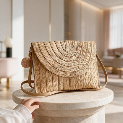 Woven Straw Crossbody Bag, Boho Summer Shoulder Purse, Natural Rattan Style Handbag, Woven Flap Bag, Beach Vacation Bag