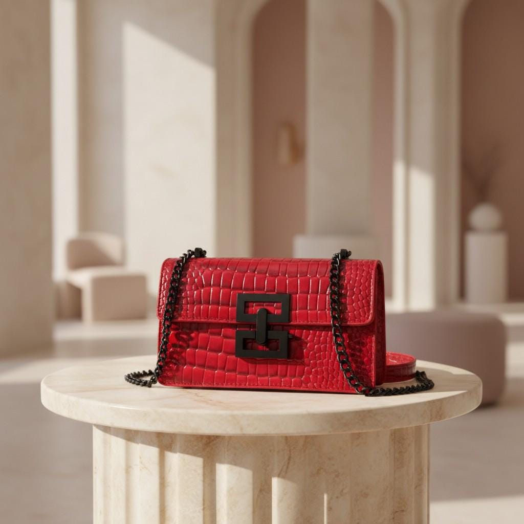 Red Croc Embossed Shoulder Bag, Women's Chain Strap Purse, Flap Crossbody Bag, Statement Evening Handbag