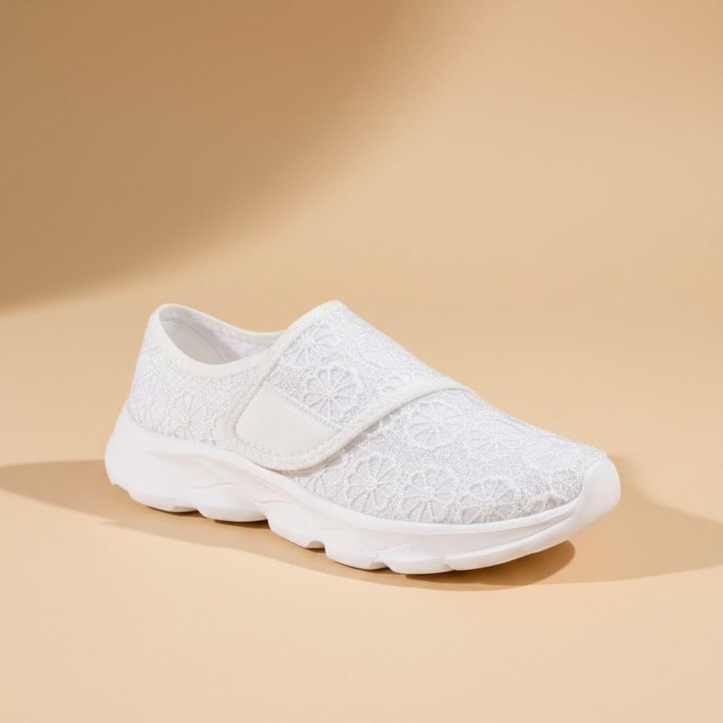 White Floral Mary Jane Sneakers, Mesh Slip On Shoes, Women's Casual Summer Shoes
