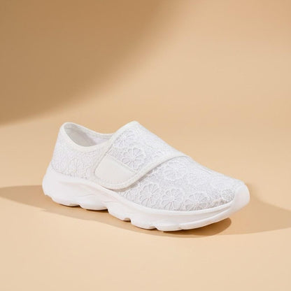 White Floral Mary Jane Sneakers, Mesh Slip On Shoes, Women's Casual Summer Shoes