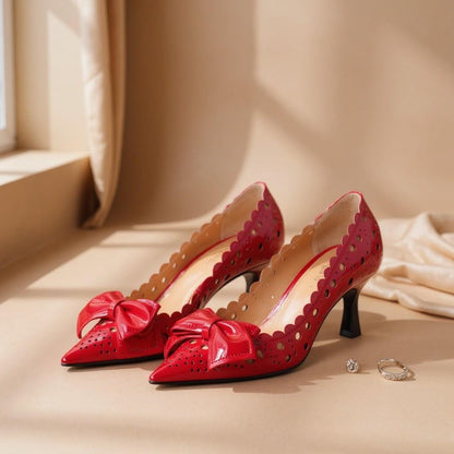 Red Bow Heels, Pointed Toe Pumps, Scalloped Cutout Women's High Heels