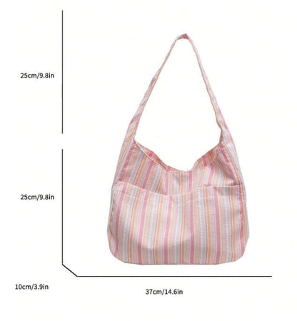 Pink Striped Shoulder Bag, Pastel Tote Purse for Women, Colorful Everyday Handbag, Casual Summer Bag
