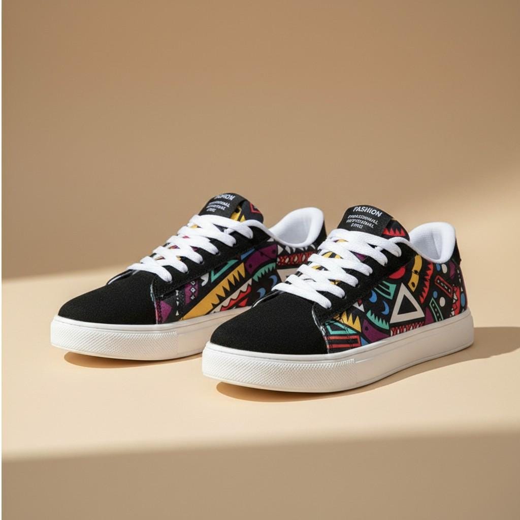 Colorful Geometric Sneakers, Women's Retro Low Top Shoes, Lace Up Trainers