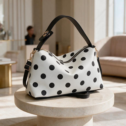 Black White Polka Dot Handbag, Polka Dot Shoulder Bag, Cute Top Handle Purse, Retro Womens Handbag, Everyday Purse