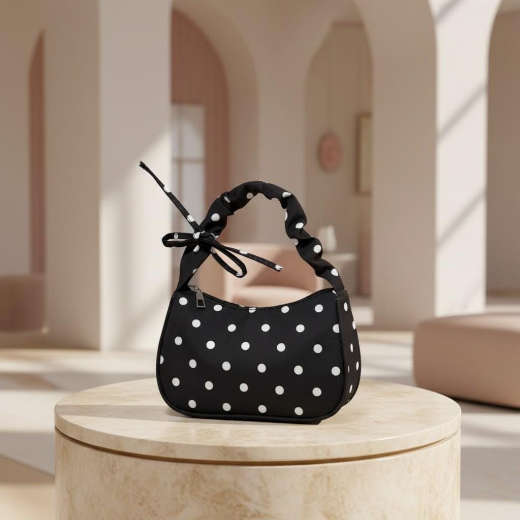 Black Polka Dot Shoulder Bag, Bow Strap Baguette Purse, Y2K Handbag, Coquette Ribbon Bag, Cute Everyday Purse