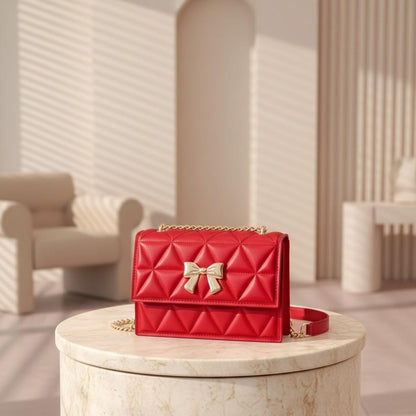 Red Quilted Shoulder Bag, Gold Bow Purse, Chain Strap Handbag, Geometric Crossbody Bag, Elegant Red Bag
