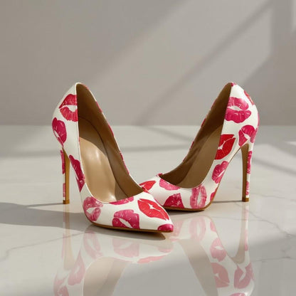 Red Lip Print Heels, Kiss Print Stiletto Pumps, White Pointed Toe High Heels, Women's Statement Shoes