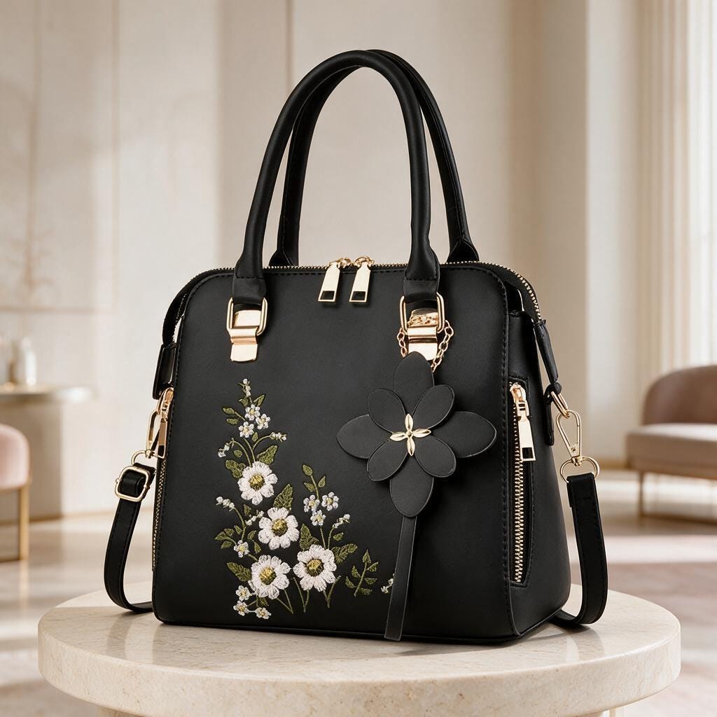 Black Floral Handbag, Embroidered Flower Purse, Women's Shoulder Bag, 3D Flower Crossbody Bag, Elegant Purse