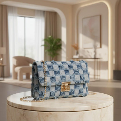 Patchwork Denim Shoulder Bag, Frayed Jeans Purse, Blue Crossbody Bag, Gold Chain Handbag, Y2K Casual Bag