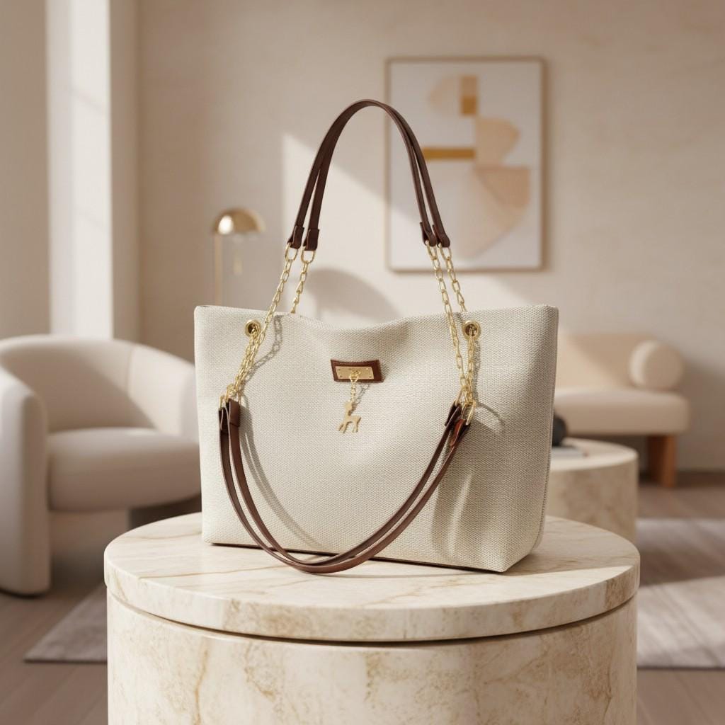 Cream Tote Bag, Large Shoulder Purse for Women, Brown Handle Handbag, Spacious Everyday Bag