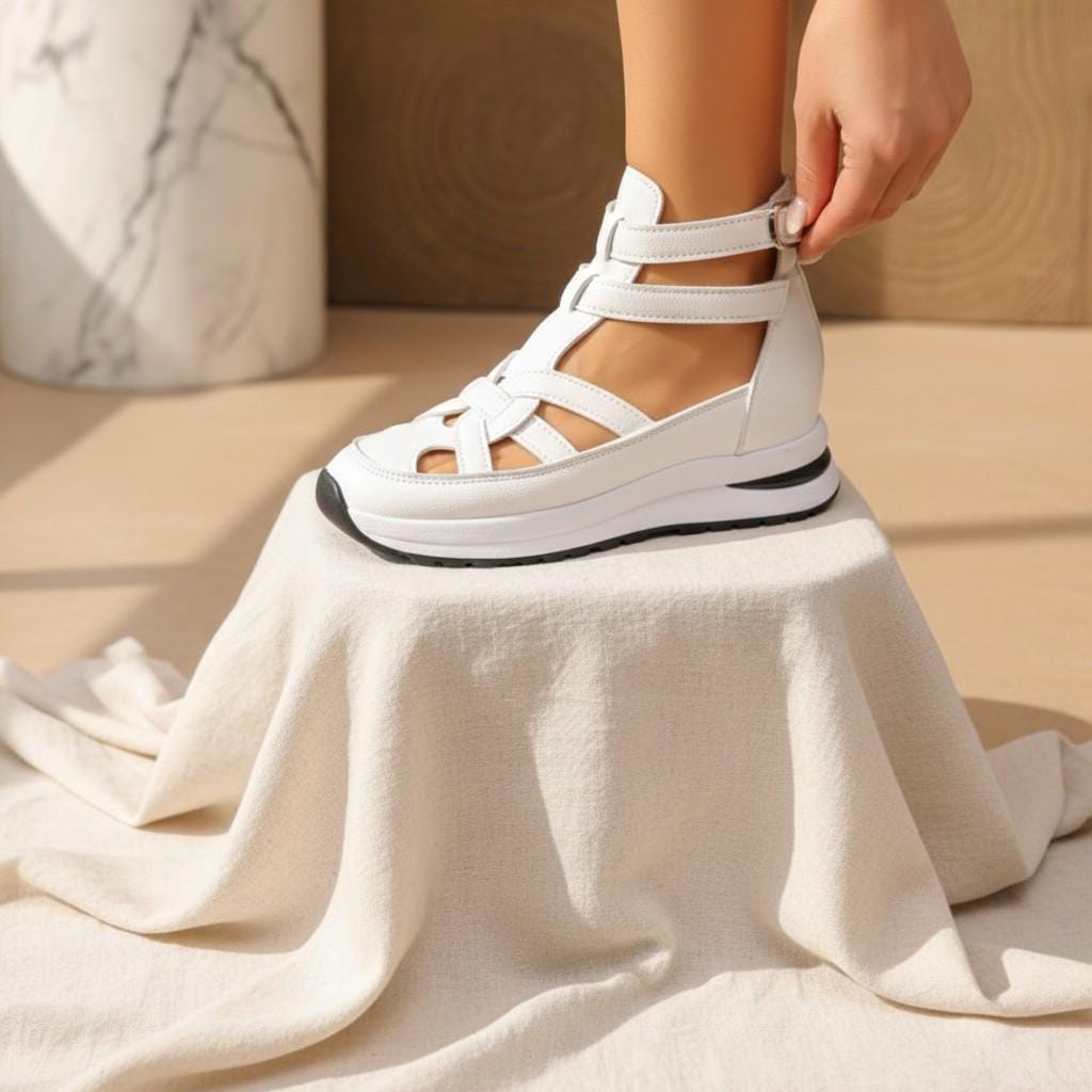 White Wedge Sneakers for Women, Strappy Platform Shoes, Buckle Detail Fashion Sneakers