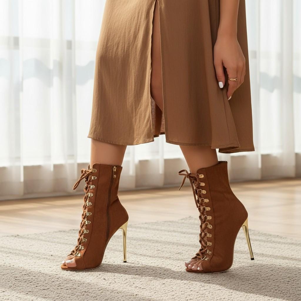 Brown Lace Up Peep Toe Booties, High Heel Ankle Boots, Pointed Stiletto Shoes