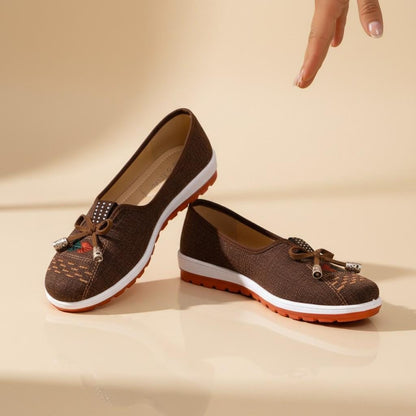 Brown Embroidered Flats for Women, Bow Slip On Shoes, Casual Woven Loafers