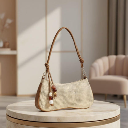 Woven Shoulder Bag, Boho Summer Purse, Beige Hobo Bag, Beaded Detail Handbag, Casual Beach Bag