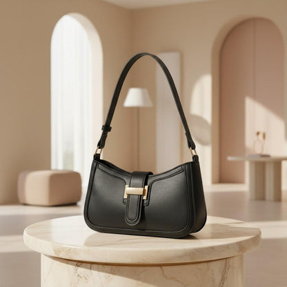 Black Shoulder Bag, Y2K Baguette Purse, Black Handbag, Gold Buckle Bag, Minimalist Everyday Purse