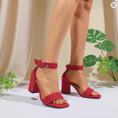 Red Block Heel Sandals, Heart Buckle Ankle Strap Heels, Open Toe Women's Shoes