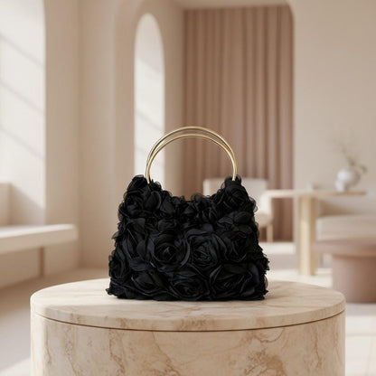 Black Rose Flower Handbag, 3D Floral Shoulder Bag, Black Flower Purse, Elegant Evening Bag, Gold Ring Handle Purse