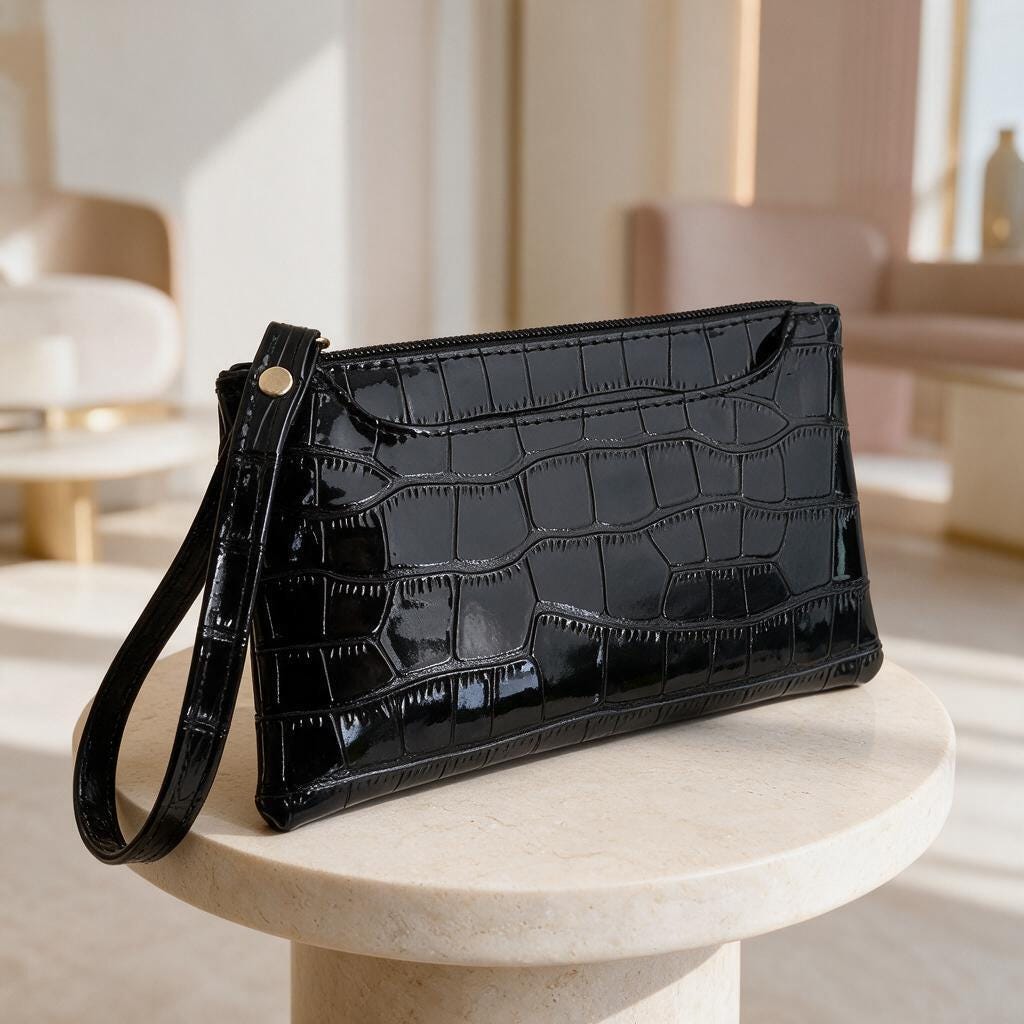 Black Crocodile Clutch Bag, Glossy Wristlet Purse, Embossed Black Evening Bag, Croc Print Pouch, Sleek Zip Wristlet