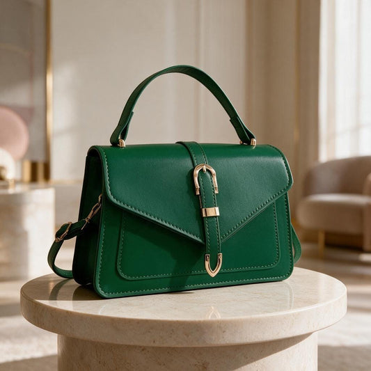 Green Top Handle Handbag, Structured Flap Purse, Emerald Crossbody Bag, Gold Buckle Shoulder Bag, Elegant Everyday Purse