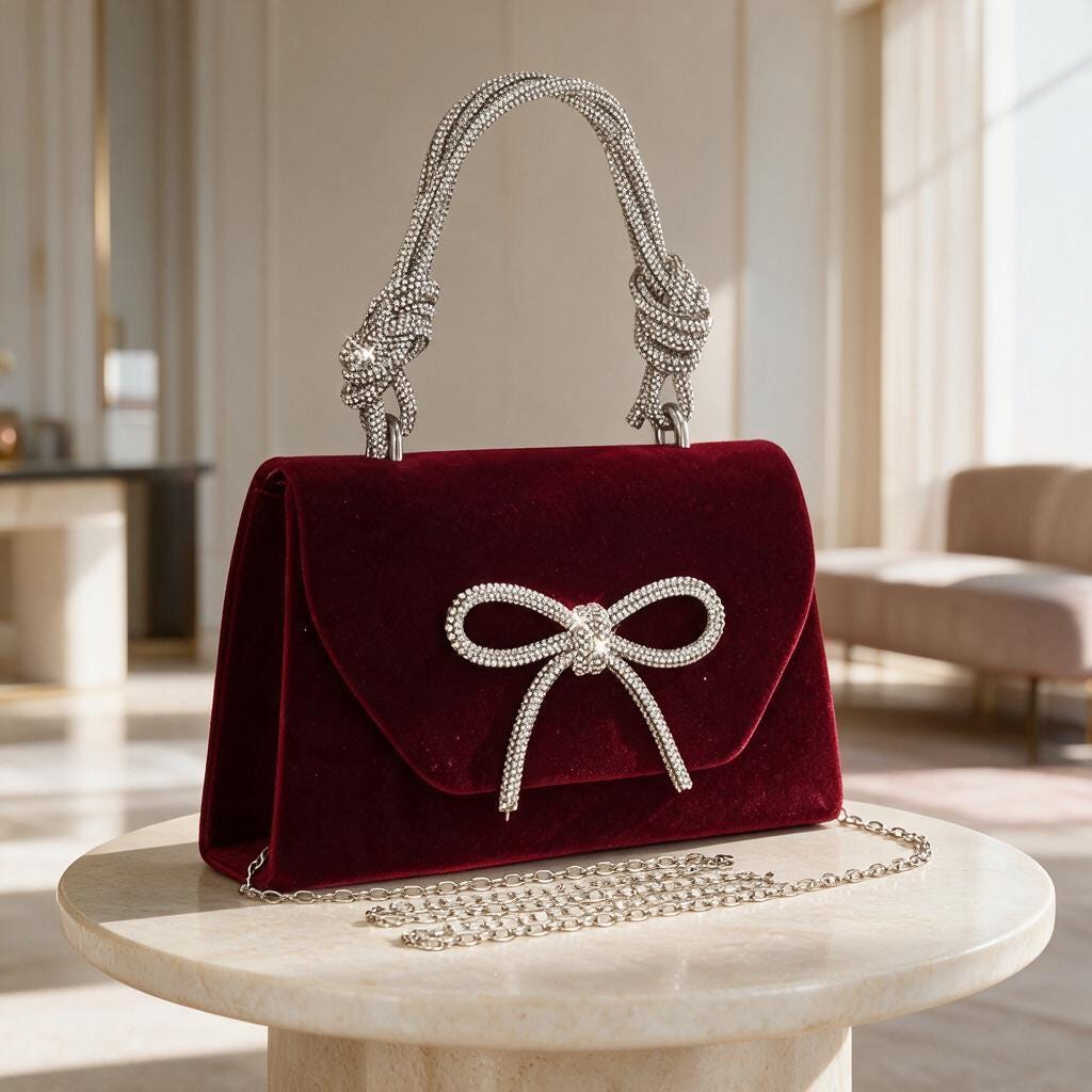 Burgundy Velvet Clutch, Rhinestone Bow Purse, Elegant Evening Bag, Wedding Guest Purse, Bridal Party Handbag
