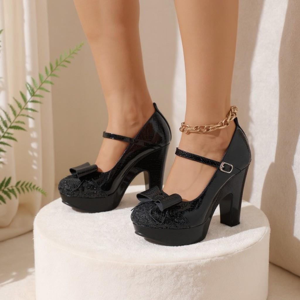 Black Mary Jane Heels, Bow Platform Pumps, Chunky Block Heel Dress Shoes
