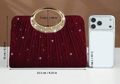Burgundy Evening Clutch, Wine Red Party Purse, Rhinestone Ring Handle Bag, Elegant Wedding Guest Handbag, Statement Clutch