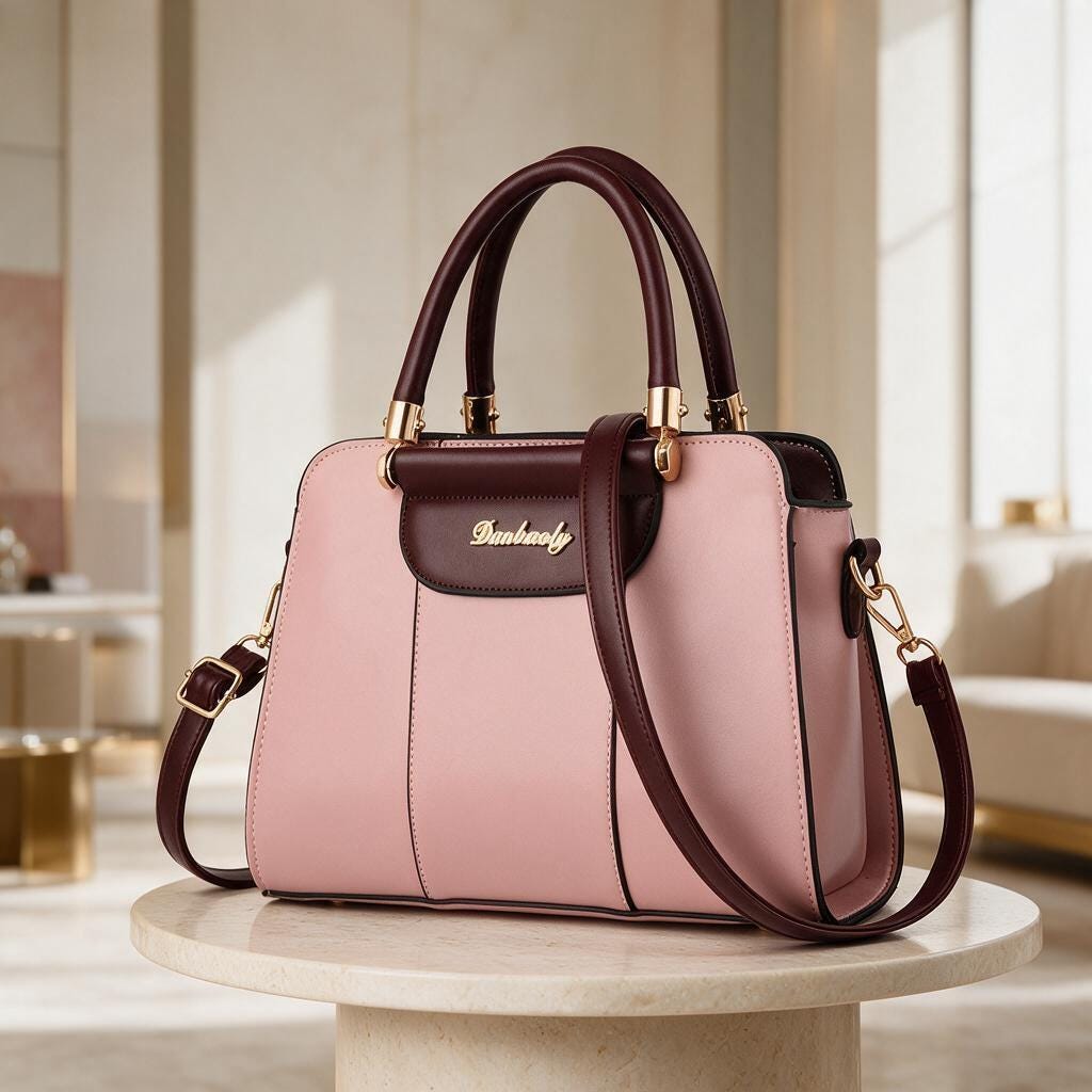 Pink Satchel Bag, Two Tone Structured Handbag, Burgundy Trim Purse, Top Handle Shoulder Bag, Pink Crossbody Bag for Women
