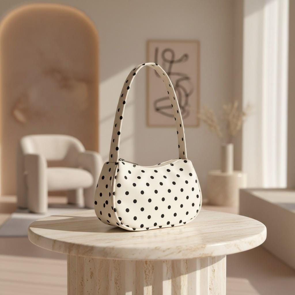 Polka Dot Shoulder Bag, Black and White Baguette Purse, Cute Underarm Handbag, Retro Print Y2K Bag, Women's Small Bag
