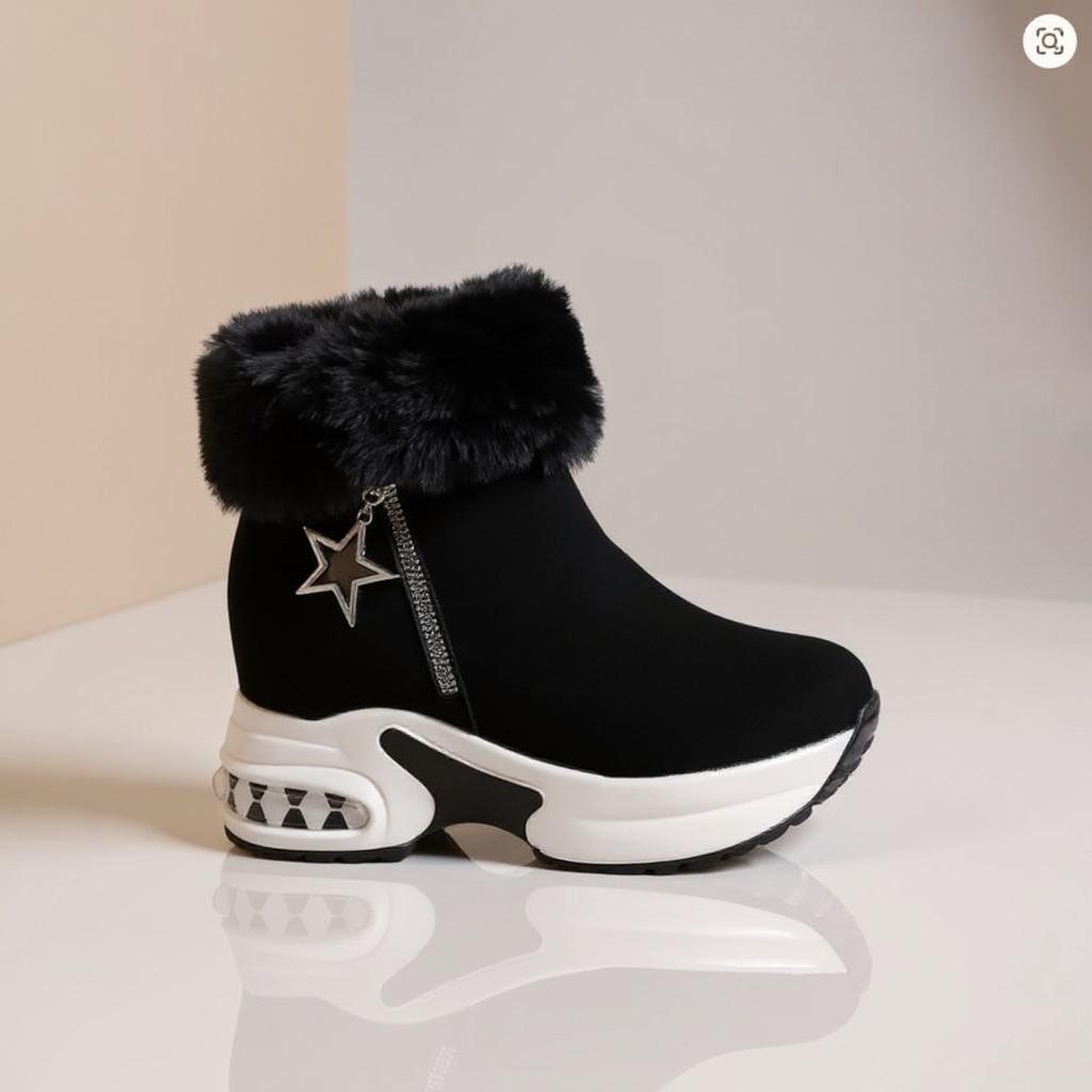Black Fur Boots, Star Detail Winter Ankle Boots, Chunky Platform Shoes
