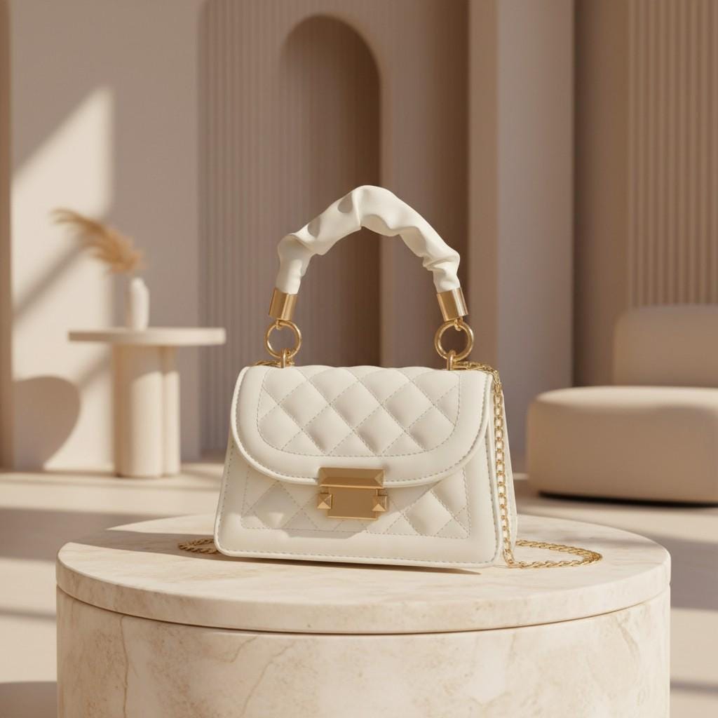White Quilted Top Handle Bag, Gold Chain Shoulder Purse, Structured Crossbody Handbag, Elegant Flap Bag