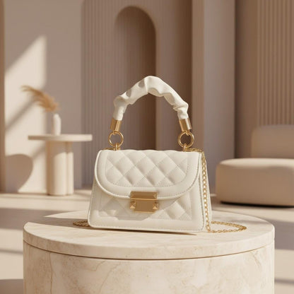 White Quilted Top Handle Bag, Gold Chain Shoulder Purse, Structured Crossbody Handbag, Elegant Flap Bag