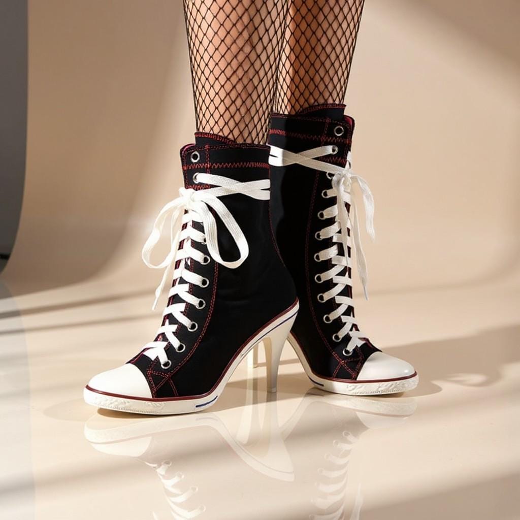 Black High Heel Sneaker Boots, Lace Up High Top Shoes, Stiletto Canvas Ankle Boots, Women's Statement Footwear