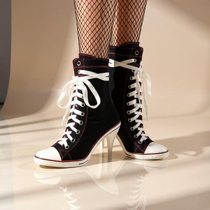 Black High Heel Sneaker Boots, Lace Up High Top Shoes, Stiletto Canvas Ankle Boots, Women's Statement Footwear