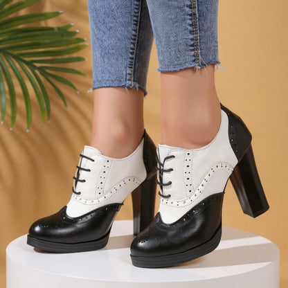 Black White Oxford Heels, Lace Up Brogue Shoes, Two Tone Block Heel