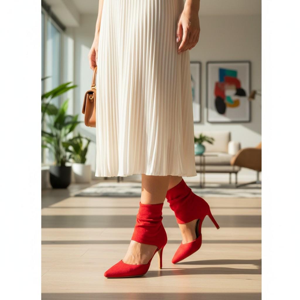 Red Slouchy Heels, Ruched Ankle Cuff Pumps, Pointed Toe Stiletto Shoes, Women's Statement Heels