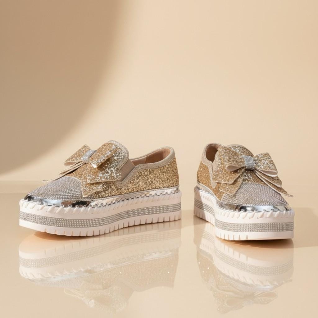 Gold Glitter Platform Loafers, Women's Bow Slip On Shoes