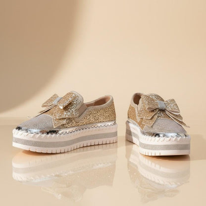 Gold Glitter Platform Loafers, Women's Bow Slip On Shoes
