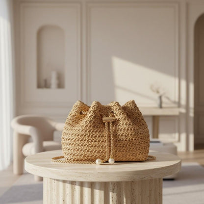 Woven Straw Bucket Bag for Women, Natural Boho Shoulder Bag, Summer Beach Purse, Drawstring Vacation Handbag