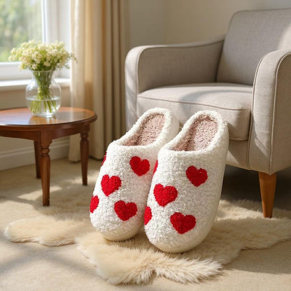 Heart Slippers, Fuzzy Plush House Shoes, Cute Valentine Slippers, Cozy Indoor Footwear