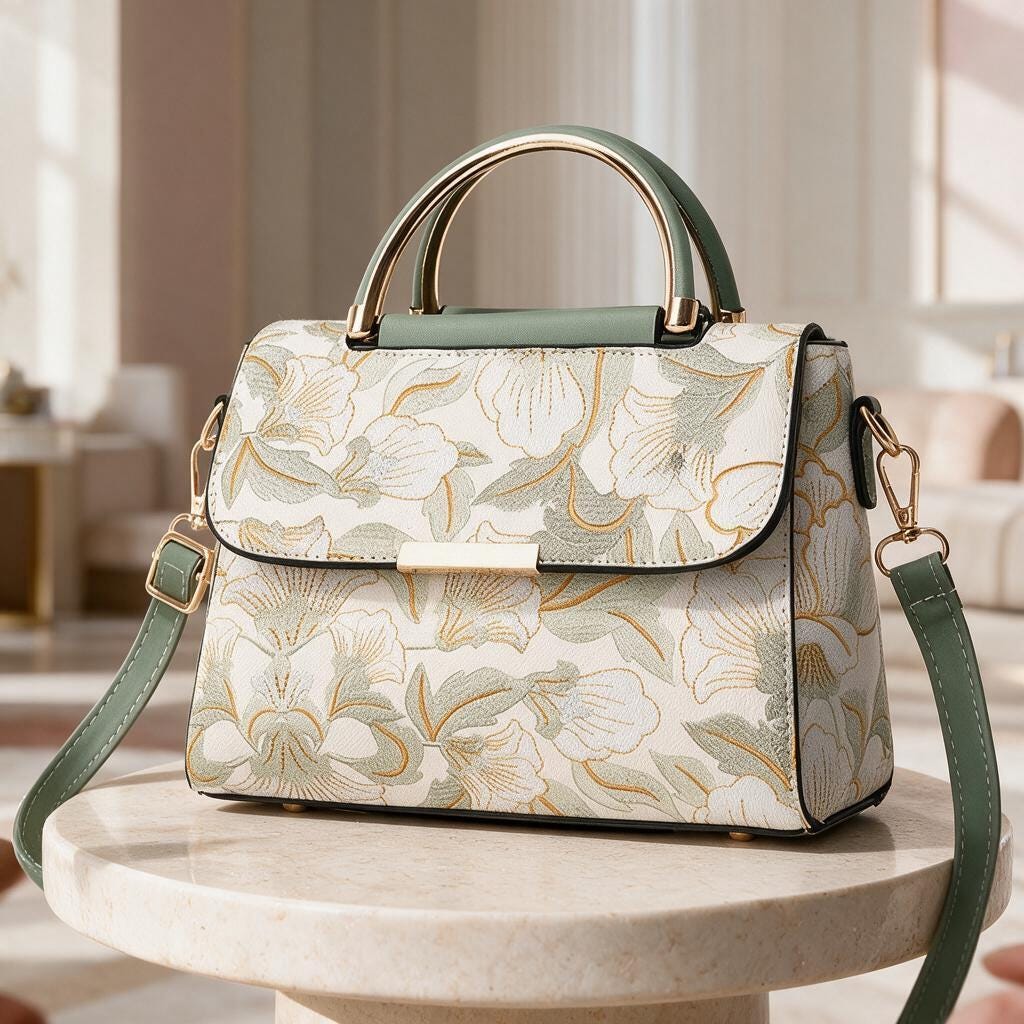 Sage Green Floral Handbag, Structured Satchel Purse, Floral Shoulder Bag, Top Handle Crossbody Bag, Elegant Women's Purse