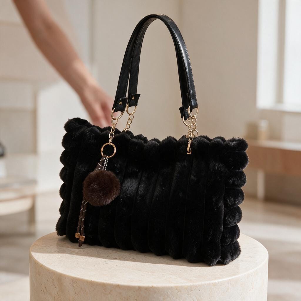 Black Faux Fur Bag, Fluffy Shoulder Purse, Cozy Winter Handbag, Plush Tote Bag, Soft Furry Fashion Accessory