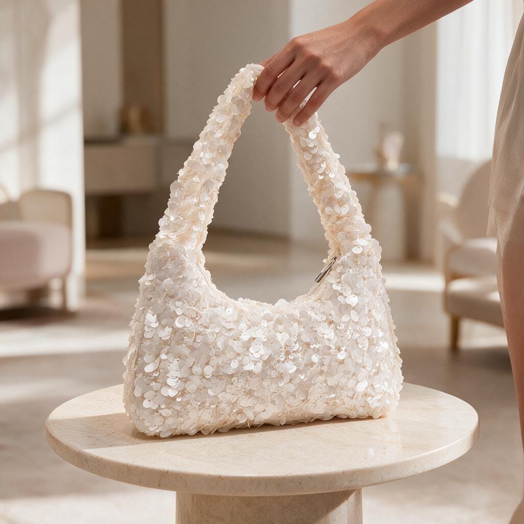 White Sequin Shoulder Bag, Sparkly Purse, Y2K Evening Bag, Bridal Party Handbag