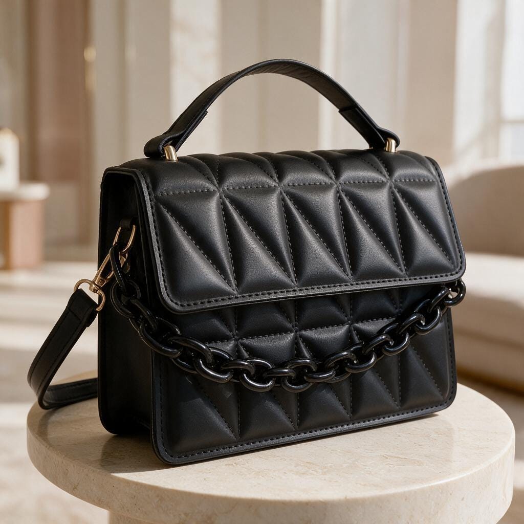 Black Quilted Handbag, Padded Flap Shoulder Bag, Chain Detail Purse, Top Handle Crossbody Bag, Elegant Womens Handbag