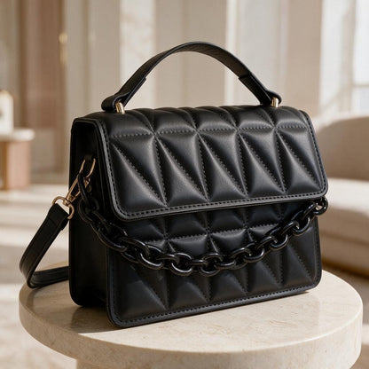 Black Quilted Handbag, Padded Flap Shoulder Bag, Chain Detail Purse, Top Handle Crossbody Bag, Elegant Womens Handbag