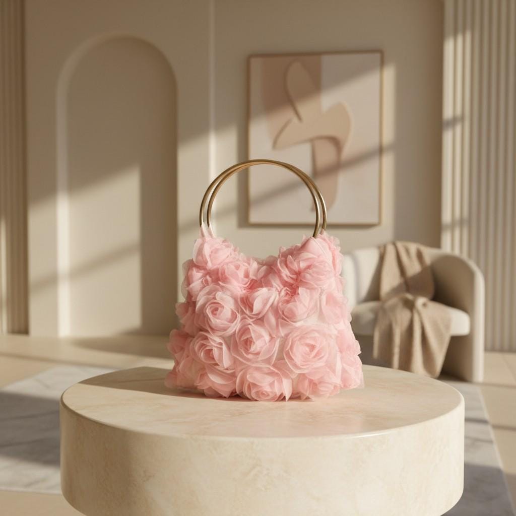 Pink 3D Flower Handbag, Rose Top Handle Purse, Floral Ring Handle Bag, Romantic Pink Evening Bag, Statement Flower Purse