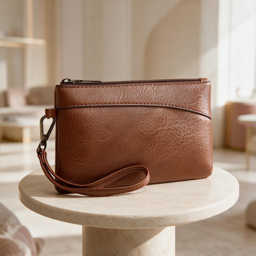 Brown Wristlet Clutch Bag, Leather Look Pouch Purse, Casual Brown Handbag, Zip Wristlet, Minimalist Everyday Clutch