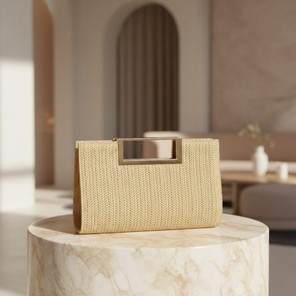 Woven Top Handle Bag, Natural Beige Handbag, Textured Purse, Gold Frame Handle