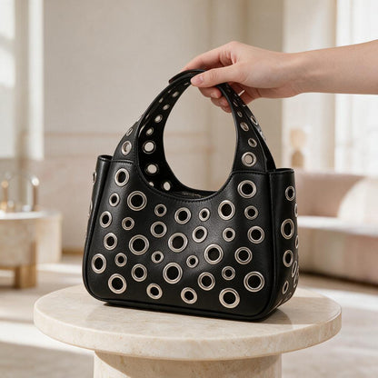 Black Grommet Handbag, Eyelet Shoulder Bag, Y2K Punk Purse, Studded Black Bag, Edgy Womens Shoulder Bag