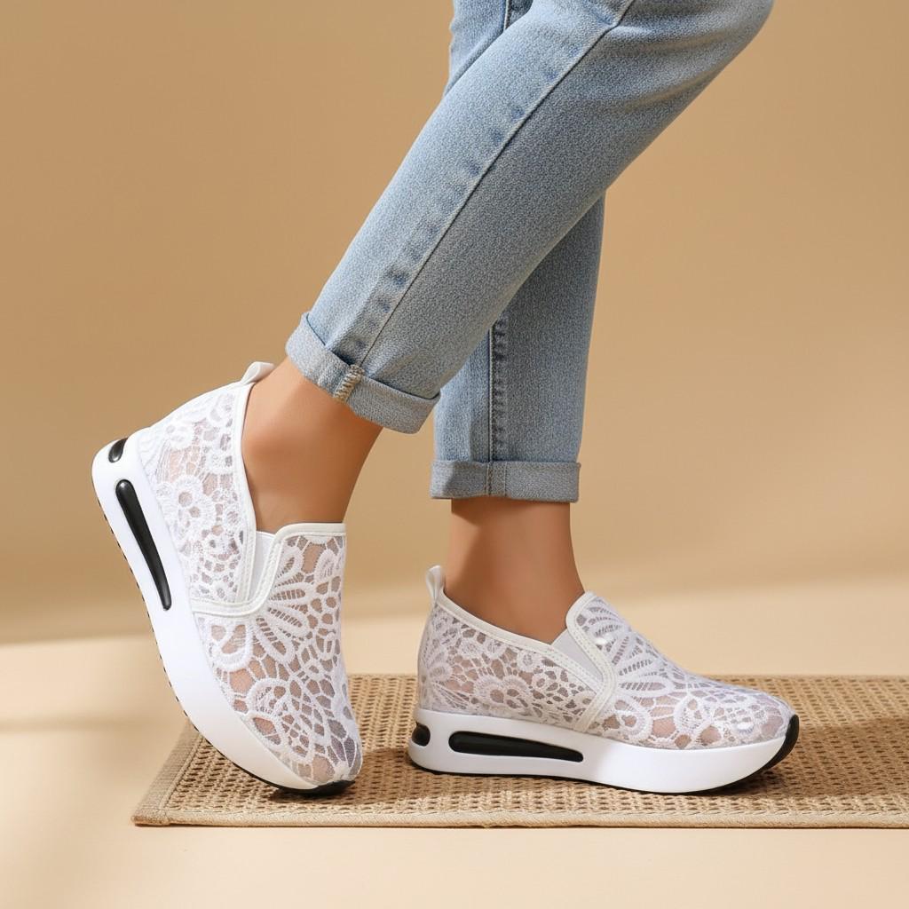 White Lace Wedge Sneakers, Women's Bridal Platform Shoes, Slip On Wedding Sneakers