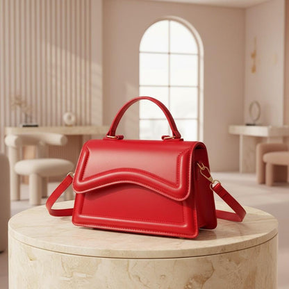 Red Structured Handbag, Women's Shoulder Bag, Top Handle Crossbody Purse, Curved Flap Bag, Red Everyday Bag